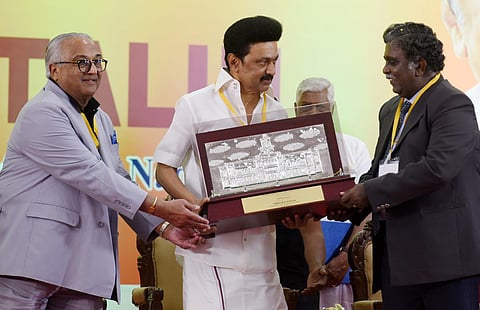 MCC Association Chairman KM Mammen, Chief Minister MK Stalin, and school headmaster and correspondent GJ Manohar at the OSA REUNION. (Photo | R Satish Babu, EPS)