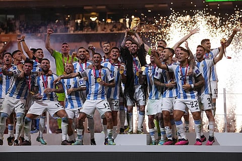 Argentina's Lionel Messi celebrates after scoring the opening goal of his team during the group D match between Argentina and Nigeria, at the 2018 World Cup 