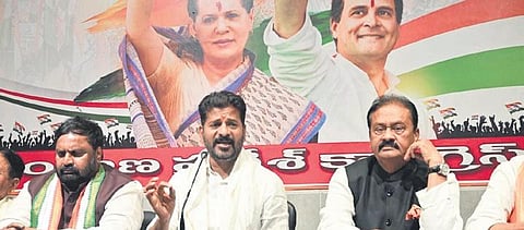Revanth Reddy addressing a press conference in Hyderabad on Sunday.