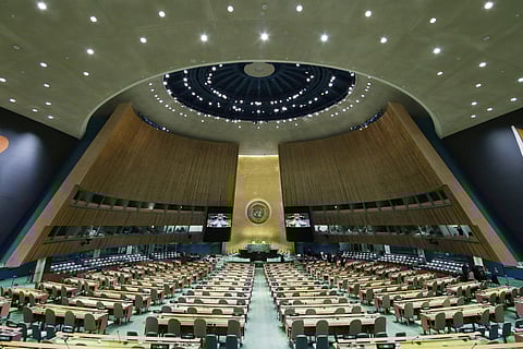 The United Nations General Assembly Hall sits empty before the start of the 76th Session of the General Assembly at U.N. headquarters. (Photo | AP)