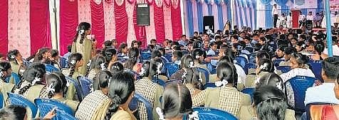 Students take part in Makkala Grama Sabha in Ramanagara district. (Photo | EPS)
