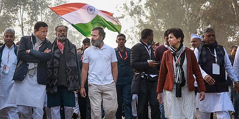 Congress leader Rahul Gandhi with senior party leaders Randeep Surjewala and Selja Kumari and others during the 'Bharat Jodo Yatra', in Nuh district, Dec. 21, 2022. (Photo | PTI)