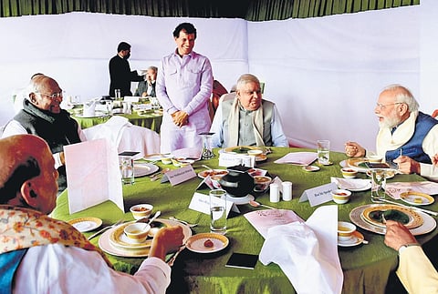 V-P Jagdeep Dhankhar, PM Narendra Modi, Defence Minister Rajnath Singh, Congress president Mallikarjun Kharge and others at millet lunch hosted in House | PTI