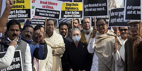 Congress MPs Sonia Gandhi, P Chidambaram, KC Venugopal, DMK's TR Baalu and other members stage a protest demanding discussion on national security and Indo-China border dispute.(Photo | PTI)