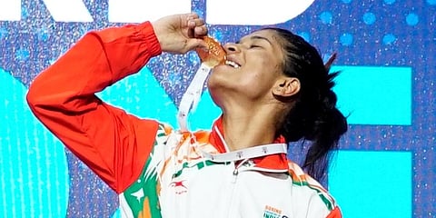 Indian's Nikhat Zareen poses with her gold medal after winning Women's World Championship in the flyweight (52kg) division, in Istanbul. (File Photo | AP)