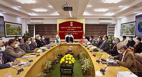 Union Minister for Health and Family Welfare Mansukh Mandaviya chairs a meeting with senior officials and experts on the COVID-19 situation, in New Delhi. (Photo | PTI)