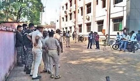 Police personnel outside Kantabanji sub-divisional hospital