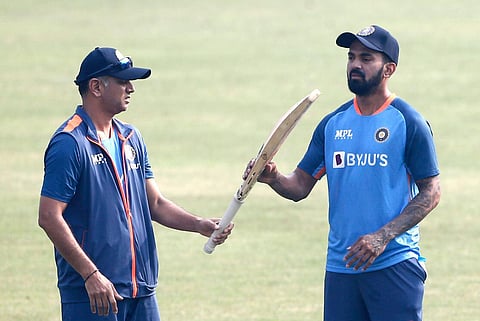 India's head coach Rahul Dravid interacts with captain K.L. Rahul during a training session ahead of their second test cricket match against Bangladesh. (Photo | PTI)