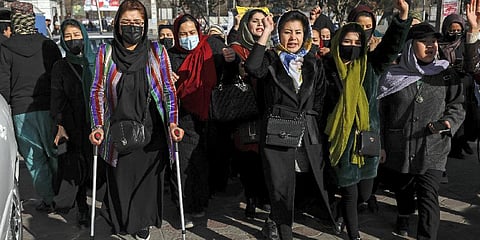 Afghan women chant slogans during a protest against the ban on university education for women, in Kabul, Afghanistan, Thursday, Dec. 22, 2022.(Photo | AP)