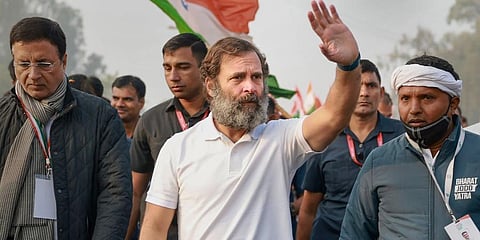Congress leader Rahul Gandhi waves at supporters during the 'Bharat Jodo Yatra', in Nuh district, Dec. 22, 2022. (Photo | PTI)