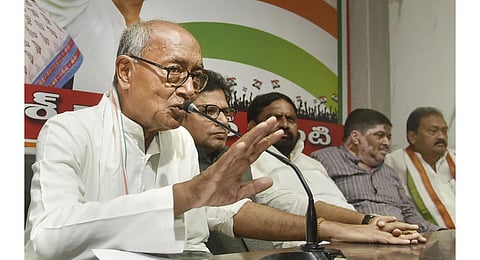 Senior Congress leader Digvijaya Singh addresses a press conference, at Gandhi Bhavan in Hyderabad. (Photo | PTI)