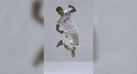Bangladesh's Taijul Islam leaps in air as he celebrates the wicket of India's Shubman Gill on the day two of the second test cricket match Bangladesh between India, in Dhaka | PTI