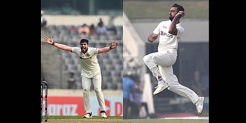Indian pacers Umesh Yada, (L), and Jaydev Unadkat in action on day one of the second test cricket match Bangladesh between India, in Dhaka. (Photo | AFP, PTI)