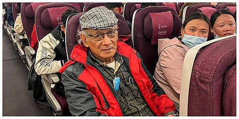 French serial killer Charles Sobhraj (C) sits in an aircraft departing from Kathmandu to France. (Photo |AFP)
