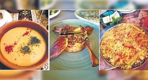 (From left) Lentil soup, Mangal salad, pilaf