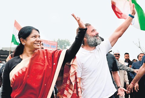 Congress leader Rahul Gandhi with DMK MP Kanimozhi during the ‘Bharat Jodo Yatra’, in Sohna, Haryana on Friday. (Photo | PTI)