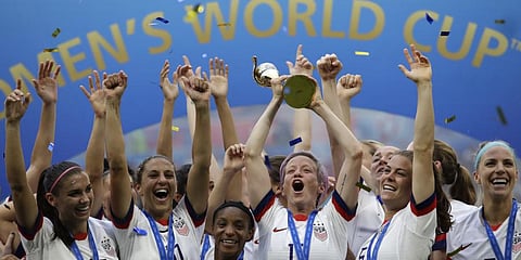 United States' Megan Rapinoe lifts up a trophy after winning the Women's World Cup final soccer match against The Netherlands at the Stade de Lyon .Lyon, France, 2019.(File | Photo)