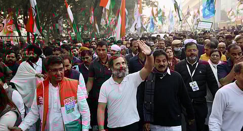 Congress MP Rahul Gandhi along with party leaders & workers marches ahead in 'Bharat Jodo Yatra' in New  Delhi on Saturday. (Photo | AICC)