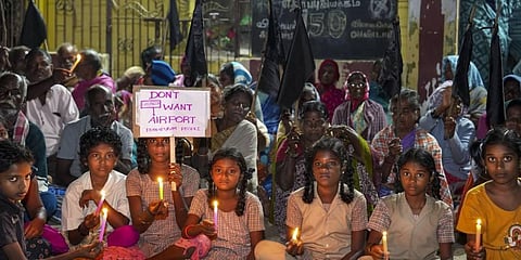 Farmers oppose the acquisition of their land for the project at Eganapuram, near Chennai, where the TN govt proposed to set up a Chennai Greenfield airport, Dec. 24, 2022. (Photo | PTI)