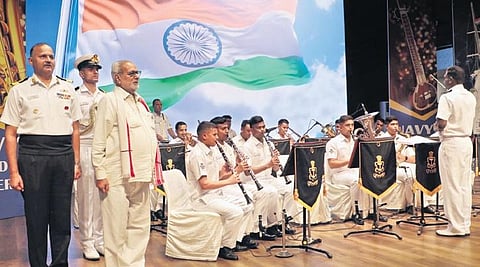 Governor Ganeshi Lal joins the Indian Navy band during their performance in Bhubaneswar on Saturday | Shamim Qureshy