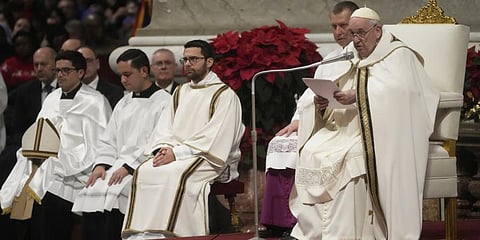 Pope Francis presides over Christmas Eve Mass, at St. Peter's Basilica at the Vatican, Saturday Dec. 24, 2022. (AP Photo)