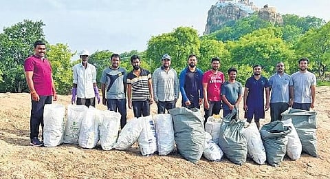 Green Team members and volunteers collect garbage from Tirumalayya Gutta and Garuda Pushkarini in Wanaparthy district