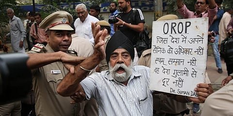 Ex-servicemen hold a protest at Parliament Street.(File Photo |  Shekhar Yadav EPS)