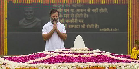 Congress leader Rahul Gandhi pays tribute to former prime minister Atal Bihari Vajpayee at his memorial Sadaiv Atal, in New Delhi, Dec. 26, 2022. (Photo | PTI)