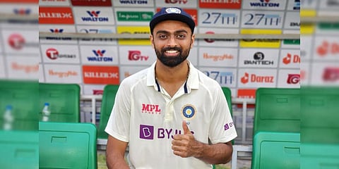 Indian fast bowler Jaydev Unadkat poses for the cameras during the second test match against Bangladesh in Dhaka. (Photo | Twitter @BCCI)