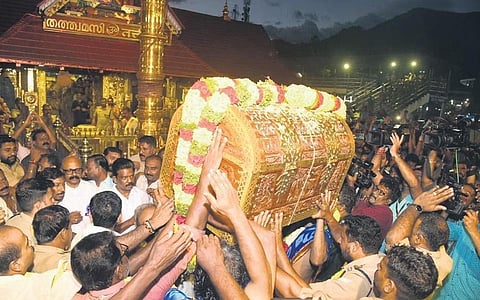 Thanka Anki being carried to the sreekovil of Lord Ayyappa temple in Sabarimala for deeparadhana on Monday | Shaji Vettipuram