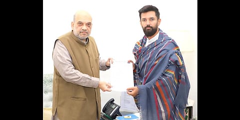 LJP Chief Chirag Paswan met Home Minister Amit Shah on Tuesday. (Photo | Twitter @Chirag Paswan)