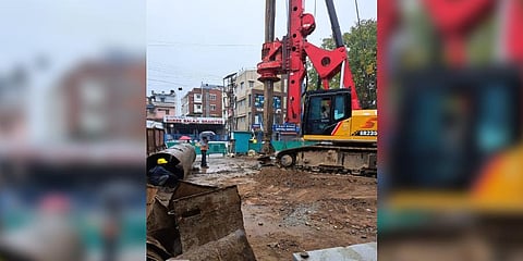 Piling rig carrying out soil replacement work for Rudra which was stuck 50 ft below the ground.  (Photo | Express)