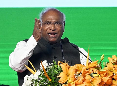Congress President Mallikarjun Kharge addresses at the Congress Foundation day programme, in Mumbai, Wednesday, Dec. 28, 2022. (Photo | PTI)