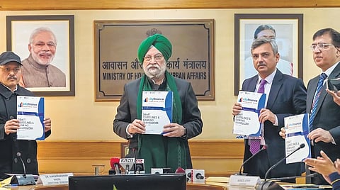 Hardeep Puri launches ‘City Finance Rankings 2022’, in New Delhi on Wednesday. (Photo | PTI)
