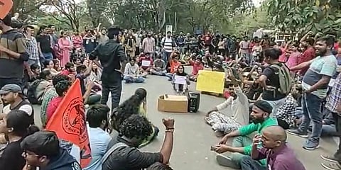 Students protest at the University of Hyderabad demanding action against the Professor accused of rape.
