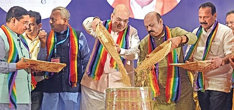 Union Home Minister Amit Shah, CM Basavaraj Bommai and other BJP leaders at the Cooperative Convention in Bengaluru on Friday | vinod kumar t