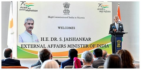 External Affairs Minister S. Jaishankar addresses a Business community event, in Limassol, Cyprus. (Photo | PTI)