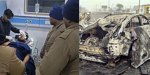 Cricketer Rishabh Pant receives treatment at a hospital after his car met with an accident (L), Charred remains of Rishabh Pant's car (R). (Photo | PTI)