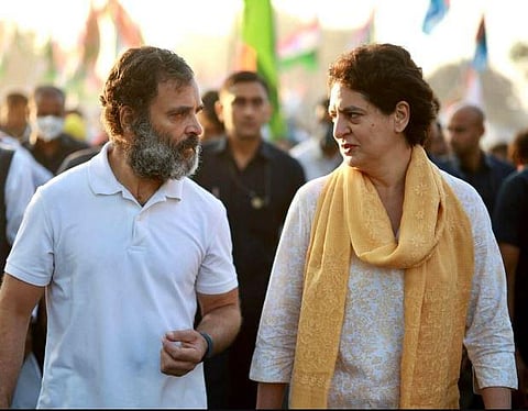 Congress leader Rahul Gandhi and his sister and party's general secretary Priyanka Gandhi Vadra during the Bharat Jodo Yatra in Khandwa district of Madhya Pradesh. (Photo | PTI)