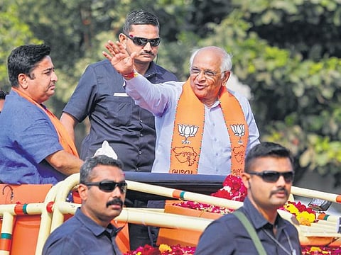 Gujarat CM Bhupendra Patel during a roadshow in Ahmedabad on Saturday | PTI