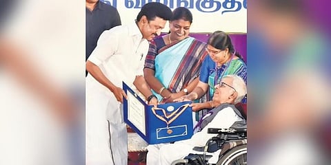 CM M K Stalin honours a disabled activist in Chennai on Saturday. (Photo | P Jawahar, EPS)