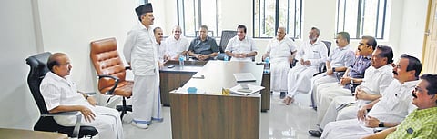 IUML state chief Panakkad Sadik Ali Shihab Thangal addressing the party’s MLAs during the meeting held in Malappuram