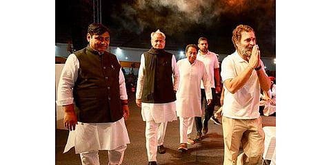 Congress leader Rahul Gandhi with Rajasthan CM Ashok Gehlot, MP Congress chief Kamal Nath and Rajasthan Congress chief Govind Singh Dotasra during the Bharat Jodo Yatra, in Jhalawar. (Photo | PTI)