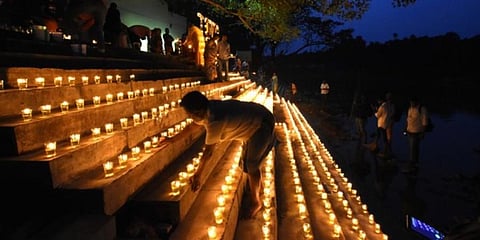 Perur Padithurai in Coimbatore wears divine look with hundreds of diyas lighting the area for Karthikai Deepam.(Photo | S Senbagapandiyan)