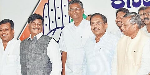 (From left) Congress leaders PT Parameshwar Naik, HC Mahadevappa,Satish Jarkiholi, Dr G Parameshwara, and KH Muniyappa in Bengaluru on Wednesday