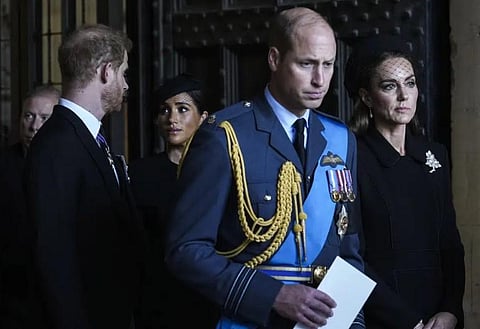 Britain's Prince William, second right, Kate, Princess of Wales, right, Prince Harry, left, and Meghan, Duchess of Sussex, second left, after paying respects to Queen Elizabeth II. (File Photo | AP)