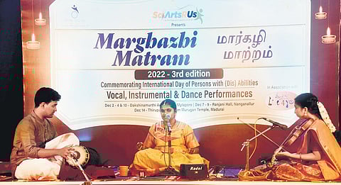 A singer with vision impairment performing at Margazhi Matram to commemorate International day of Persons with Disabilities at Ranjani Hall | Martin Louis