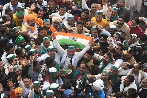 BKU spokesperson Rakesh Tikait prepares to leave after farmers ended their year-long agitation against the contentious farm reform laws, in New Delhi. (Photo | Parveen Negi, EPS)