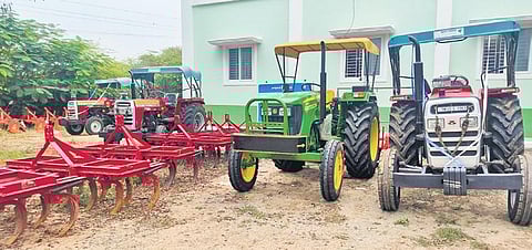 New tractors lined up at the agriculture engineering department office in Tiruchy. A total of 31 tractors were allocated for the district in October | Express