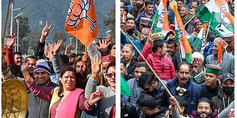 People of both parties celebrate post election results. (Photo | PTI, Special arrangement)